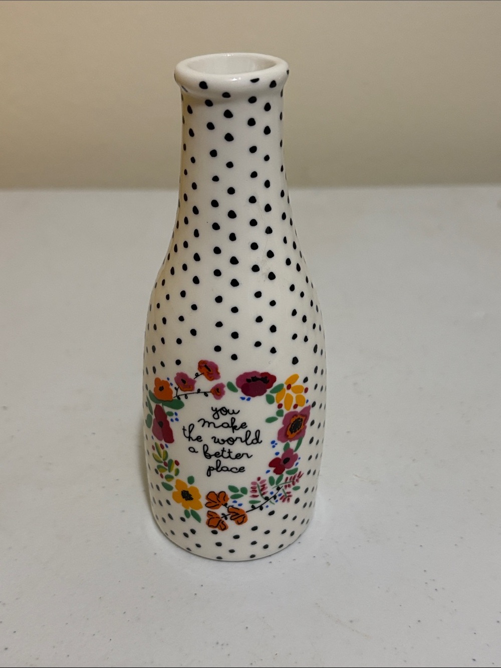 NATURAL LIFE White Polka Dot Bud Vase with Colorful Floral Wreath Accent